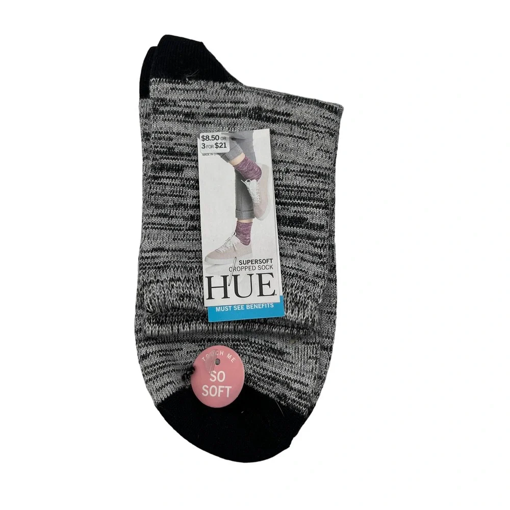 HUE Cropped Sock Women One Size Black Spacedye Supersoft U18874 Knit Ankle Sock